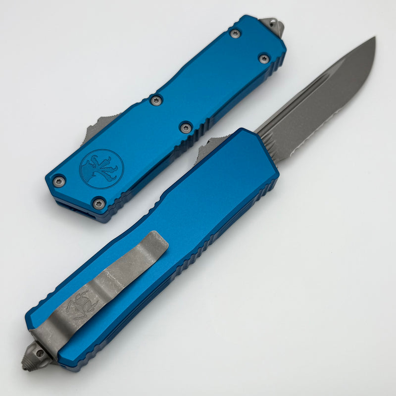 Microtech Scarab 2 Gen 3 Executive w/ Blue Handles & S/E Part Serrated Apocalyptic M390MK 1176-11APBL