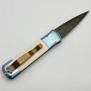 Pro-Tech Godson Blue Orange Peel Titanium Handle & Ivory Mastodon Inlays w/ Mosaic Button & Nichols Virus Damascus Blade 2025 Godson Custom 005