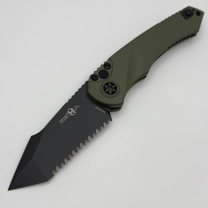 Heretic Knives Mini Pariah Auto Button Lock OD Green Polymer Handles w/ Black T/E Full Serrated MagnaCut H055-4C-GRN
