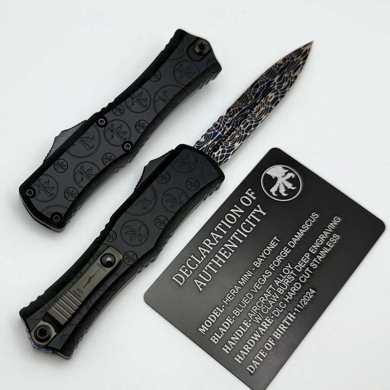 Microtech Knives Marfione Select Hera II Mini Blued Vegas Forge Damascus Bayonet w/ Black Claw Burst Deep Engraved Handle Signature Series 1701M-16MS2 Pattern Style 1
