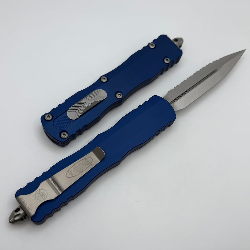 Microtech Dirac Delta D/E Full Serrated Stonewash w/ Navy Blue Handles 227-12NA