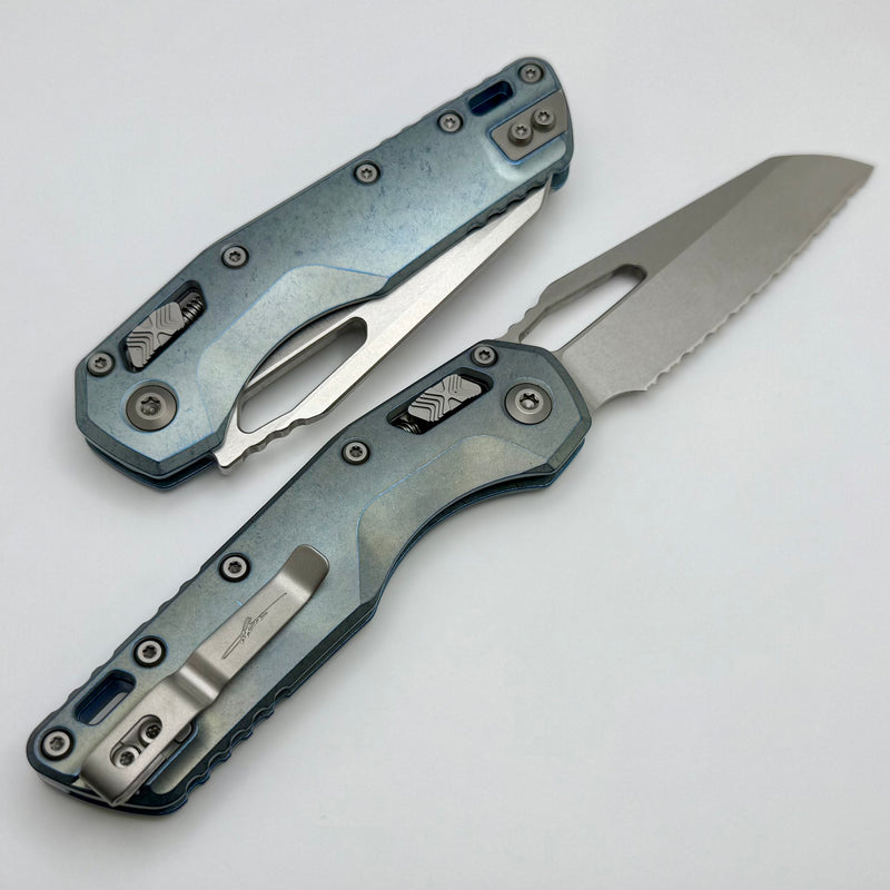 Microtech Marfione Select MSI RAM LOK Ice Blue Titanium Handles w/ Double Vapor Blast & Purple Accents & Full Serrated Stonewash M390MK 210-12MS6