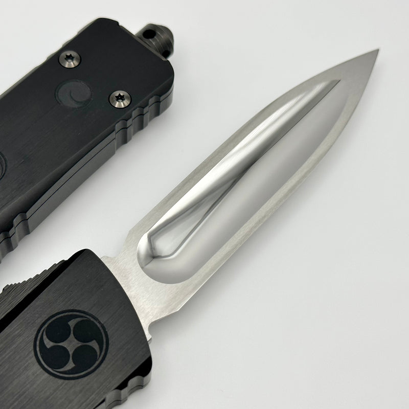 Marfione Custom Knives Combat Troodon O-YARI Mirror Polished Chisel Milled Double Edge w/ Carbon Fiber Button & Hefted Black Handle w/ Deep Engraved War Crests