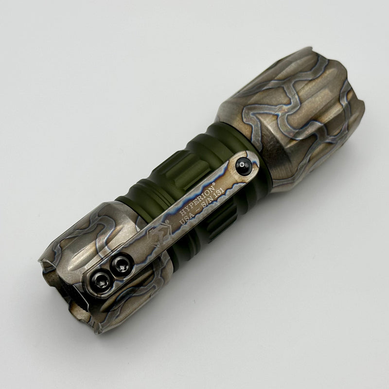 Heretic Knives Hyperion Flashlight Flamed Titanium Ends/Pocket Clip w/ OD Green Aluminum Barrel H090-GRN-FTI