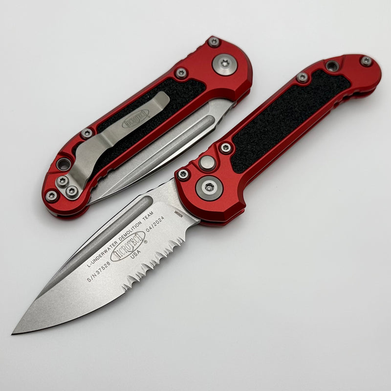 Microtech Knives LUDT Gen III Stonewash Partial Serrated Drop Point w/ Red Handle 1135-11RD One Per Household