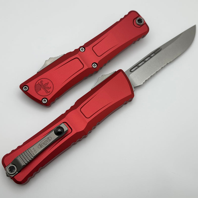 Microtech Knives Combat Troodon Gen III Stonewash Partial Serrated Single Edge w/ Red Handle 1143-11RD