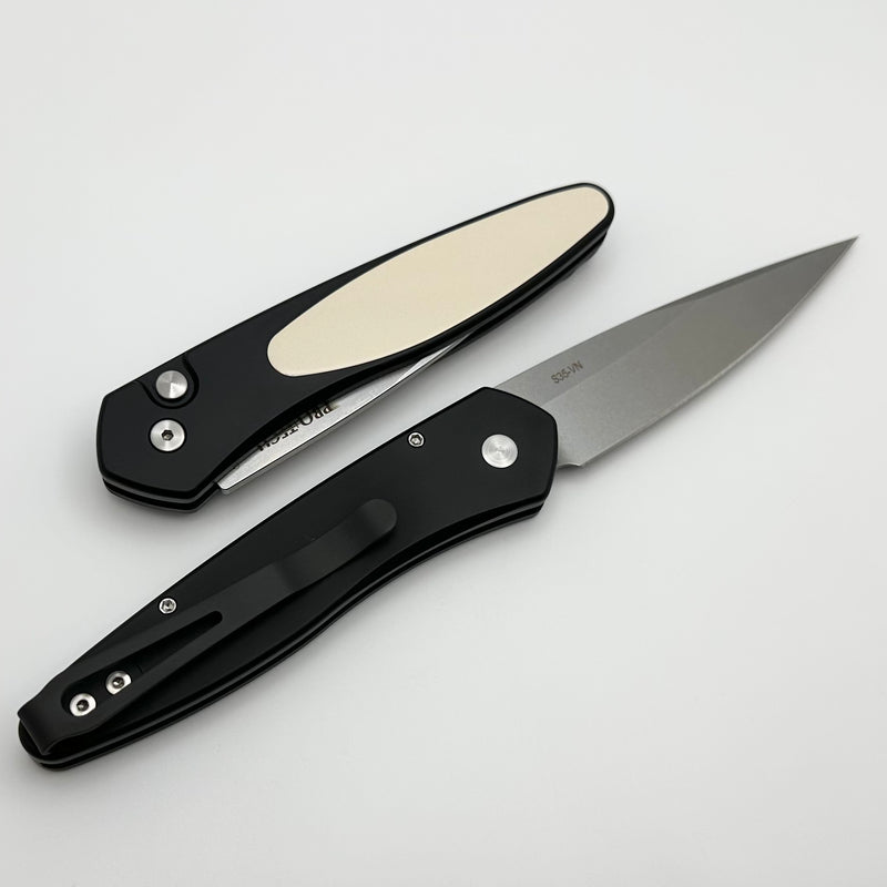 Pro-Tech Newport Black w/ White Micarta Inlay & Stonewash S35VN Blade 3451