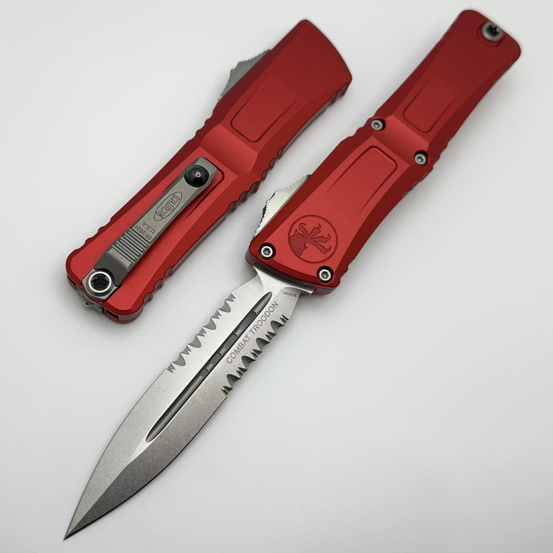 Microtech Knives Combat Troodon Gen III Stonewash Partial Serrated Double Edge w/ Red Handle 1142-11RD