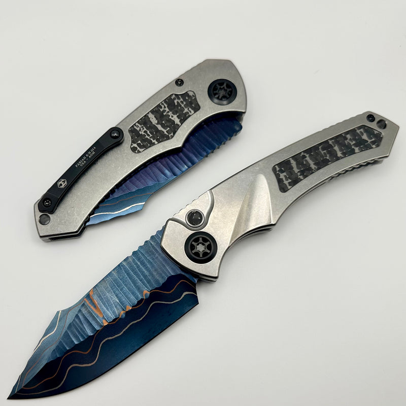 Heretic Knives Pariah Auto Custom Titanium & Fat Carbon Snakeskin Inlays w/ Blued Baker Forge Elite AuroraMai Damascus