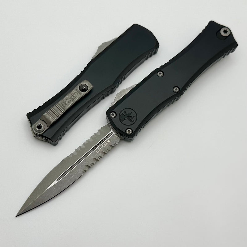 Microtech Knives Mini Hera Apocalyptic Partial Serrated Double Edge M390MK w/ Black Handle 1702M-11AP