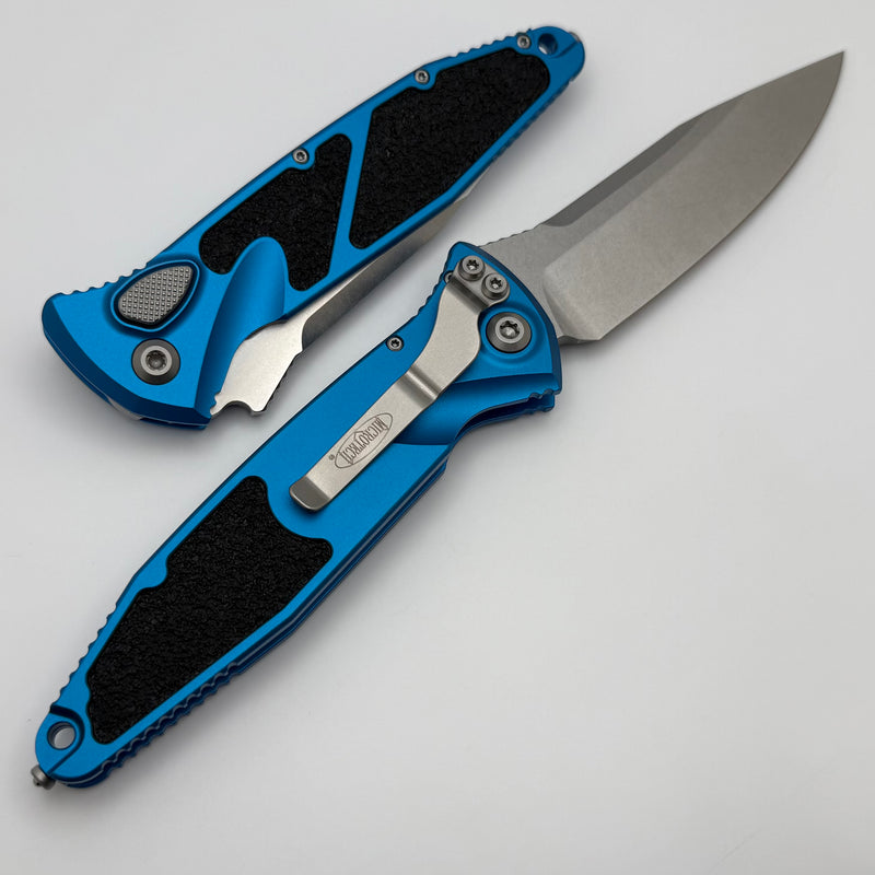 Microtech Socom Elite Auto Blue Handles w/ S/E Stonewash 160A-10BL