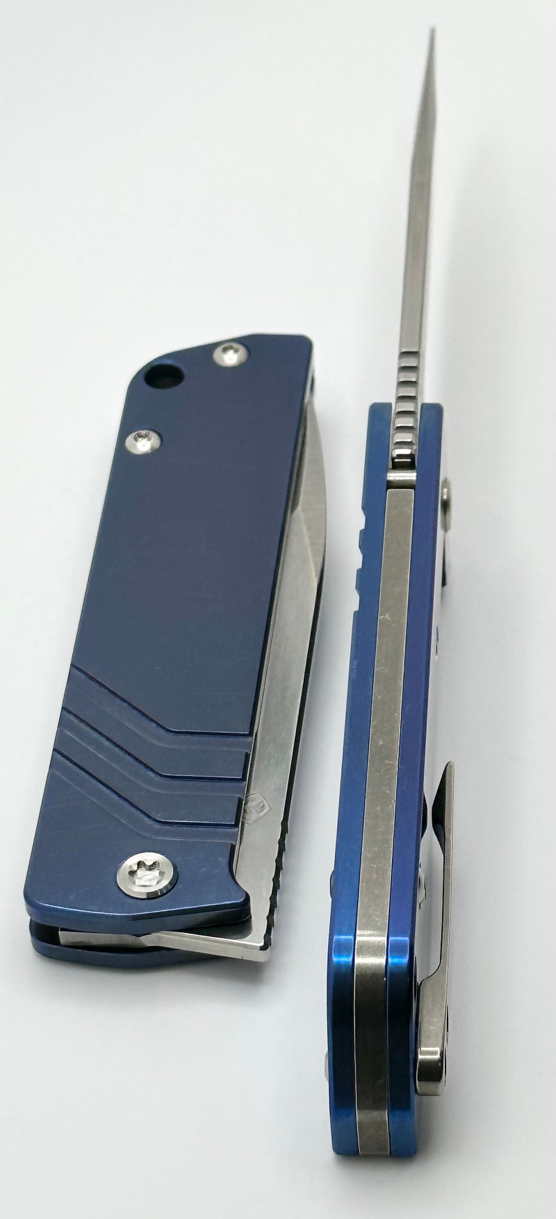 Medford Antik Front Flipper Tumbled S45 Drop Point & Blue Tumbled Titanium Handles