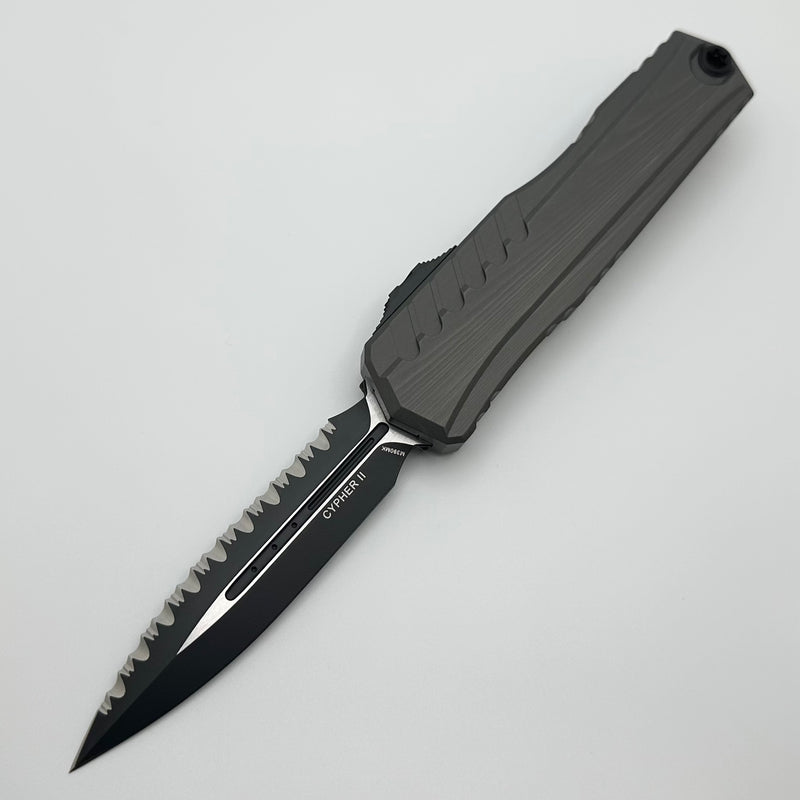 Microtech Cypher II Black D/E Full Serrated w/ Natural Clear Handle 1242-3NC