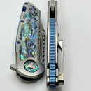 Marfione Custom Knives Warhound Mirror Polish & Abalone Inlaid Satin Titanium Handles w/ Blue Titanium Hardware