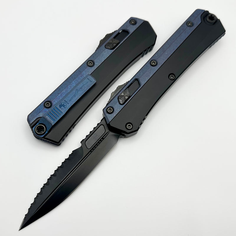 Microtech Glykon DLC Bayonet Part Serrated w/ Blurple Anodized Accents Signature Series 184-2DLCBP