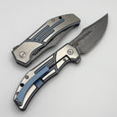 Kansept Knives JB Stout Orion Flipper Blue/Satin Titanium Handles & Damascus K1089B2