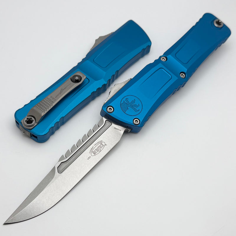 Microtech Knives Combat Troodon Gen III Stonewash Interceptor w/ Blue Handle Signature Series 1217-10BLS