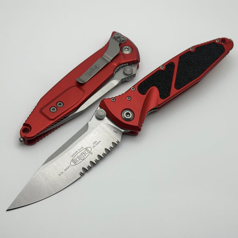 Microtech Socom Elite Manual S/E Partial Serrated Stonewash w/ Red Handle 160-11RD