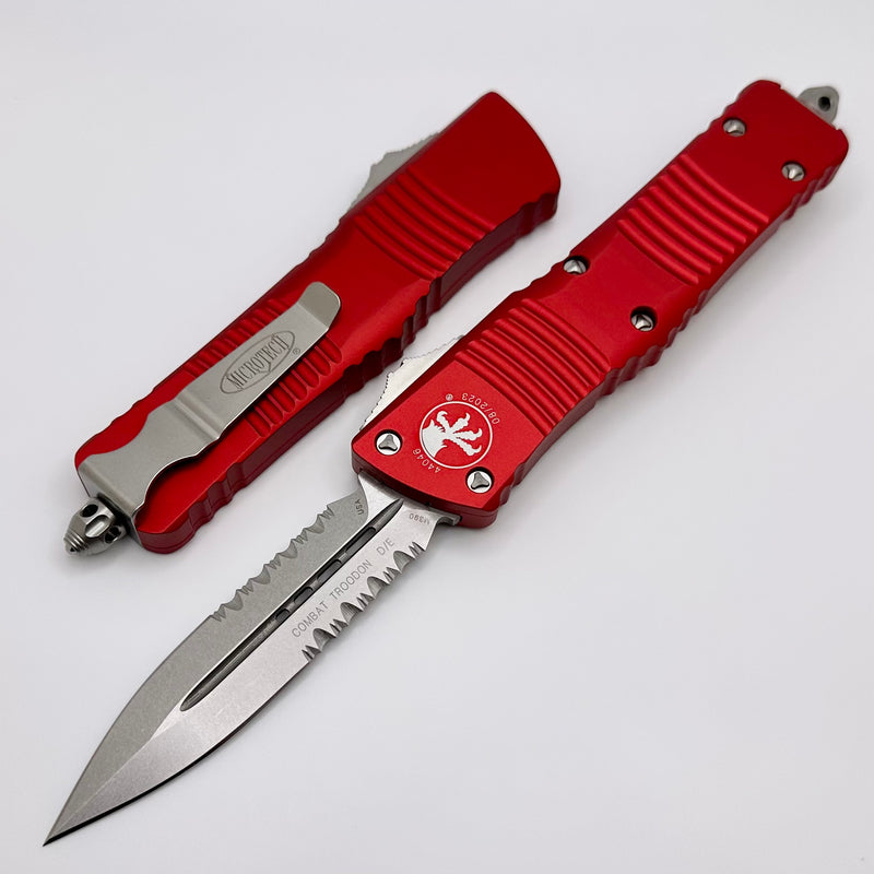 Microtech Combat Troodon Red w/ Double Edge Stonewash Partial Serrated 142-11RD
