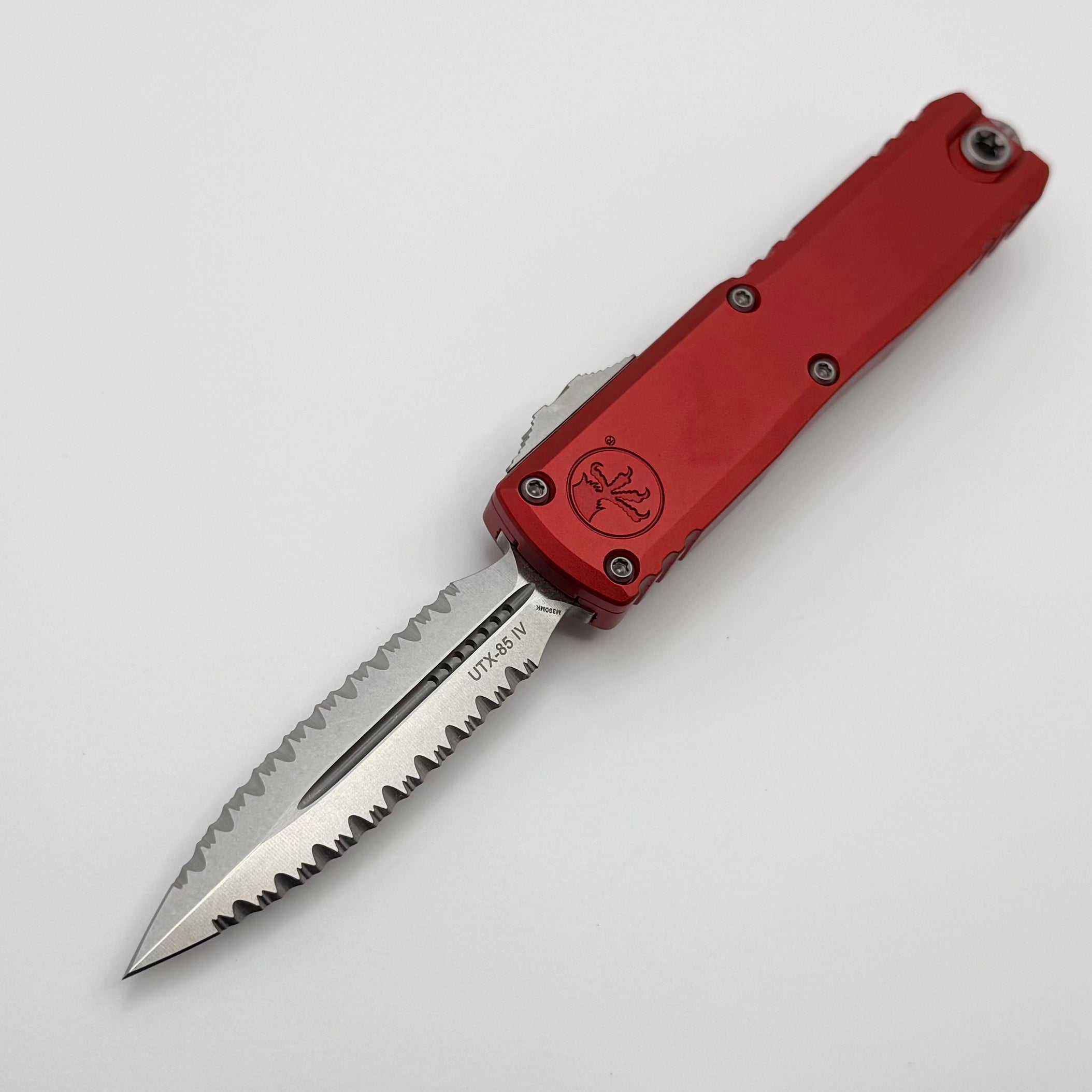 Microtech UTX-85 Gen IV w/ Red Handle & Double Full Serrated Stonewash