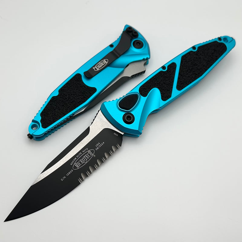 Microtech Socom Elite Auto Turquoise Handles w/ S/E Black Partial Serrated 160A-2TQ