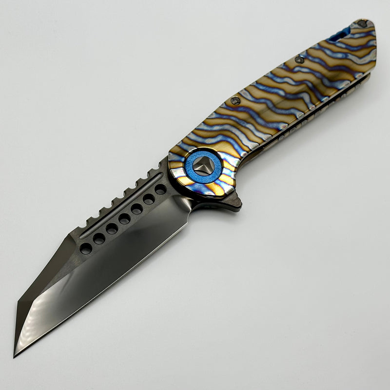 Marfione Custom Knives Warhound DLC Diamondwash Polish & Flamed Titanium Handles w/ Blue Titanium Accents & DLC Two Tone Hardware