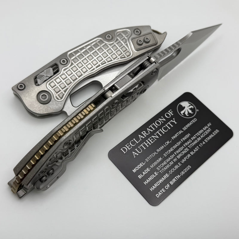 Microtech Marfione Select Manual Stitch RAM LOK Titanium Frag Handles & Part Serrated Stonewash M390MK w/ Double Vapor Blast & Bronze Accents 169RL-11FRMS1