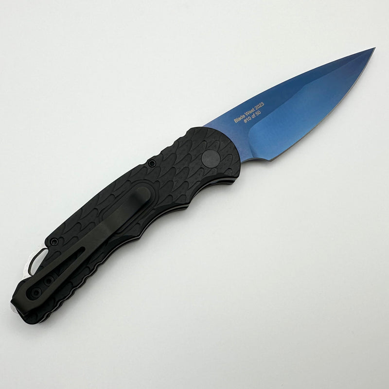 Pro-Tech TR-5 Black Feather Handle w/ Sapphire Blue Blade & White Pearl Button Blade West 2023