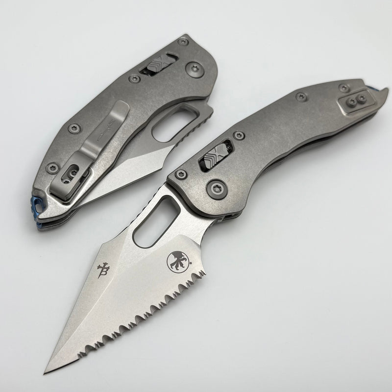 Microtech Marfione Select Manual Stitch RAM LOK Titanium Handles & Full Serrated Stonewash M390MK w/ Double Vapor Blast & Blue Accents 169RL-12MS2