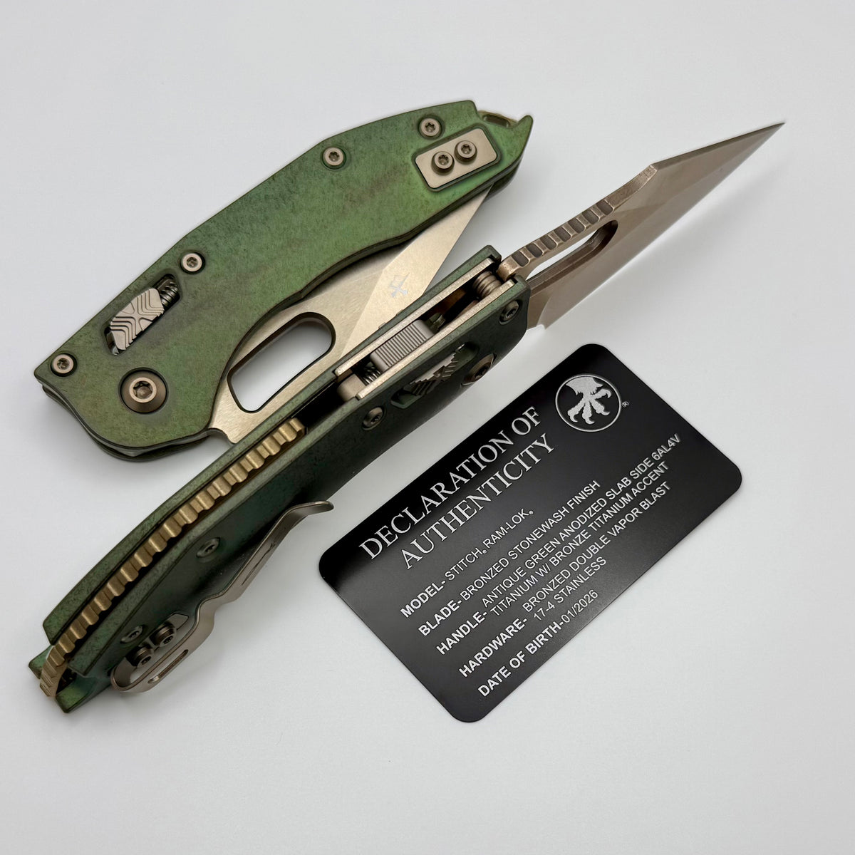 Microtech Marfione Select Manual Stitch RAM LOK Antique Green Titanium