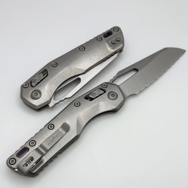 Microtech Marfione Select MSI RAM LOK Titanium Handles w/ Double Vapor Blast & Purple Accents & Full Serrated Stonewash M390MK 210-12MS3