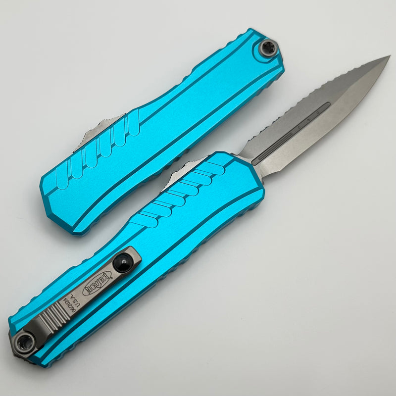 Microtech Cypher II D/E Full Serrated Stonewash w/ Turquoise Handle 1242-12TQ