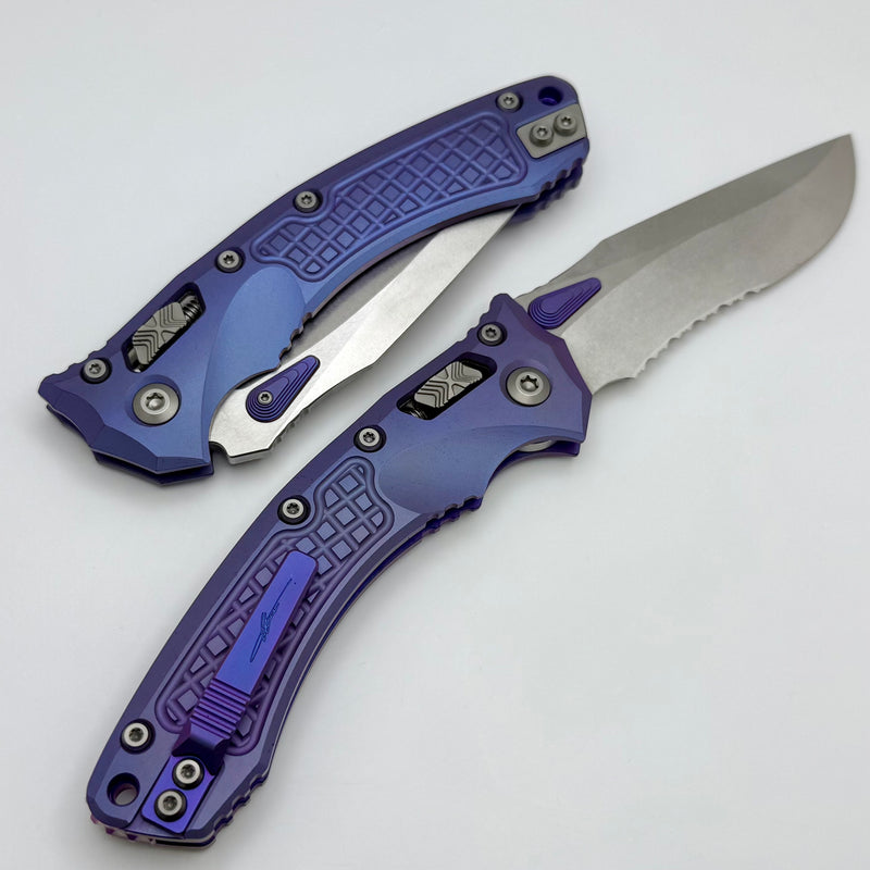 Microtech Marfione Select Amphibian RAM LOK Purple Haze Frag Titanium Handles & Part Serrated Stonewash M390MK w/ Double Vapor Blast & Purple Accents 137RL-11FRMS5