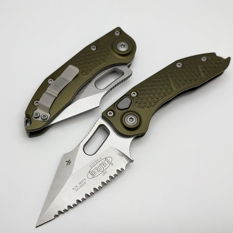 Microtech Borka Stitch Auto w/ OD Green Handles & Full Serrated Stonewash 169-12OD