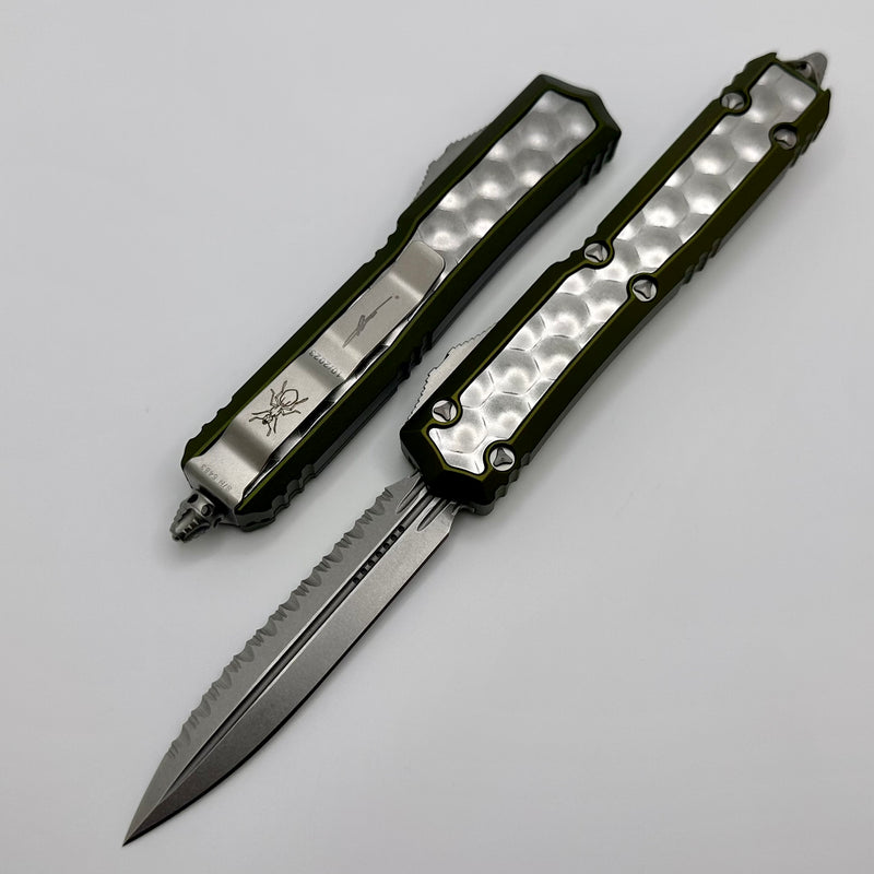 Microtech Makora OD Green w/ Stonewash Bubble Inlays & Stonewash Full Serrated Double Edge Signature Series 206-12ODBIS