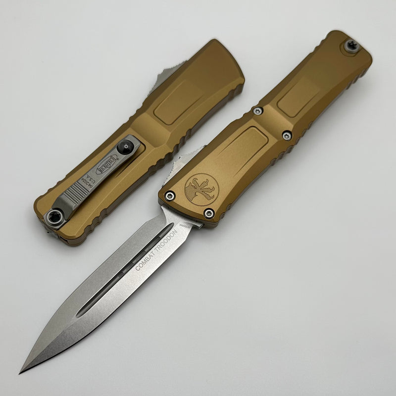 Microtech Knives Combat Troodon Gen III Stonewash Double Edge w/ Tan Handle 1142-10TA