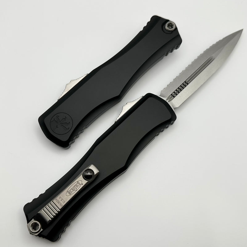 Microtech Knives Hera II Stonewash Double Edge Full Serrated w/ Black Handle 1702-12