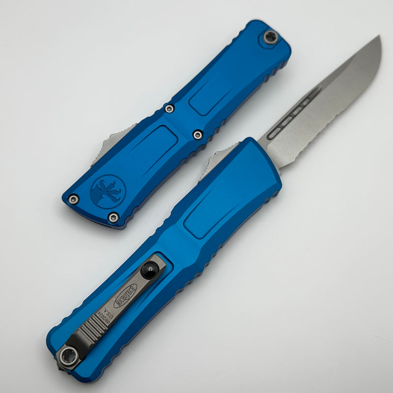 Microtech Knives Combat Troodon Gen III Stonewash Partial Serrated Single Edge w/ Blue Handle 1143-11BL