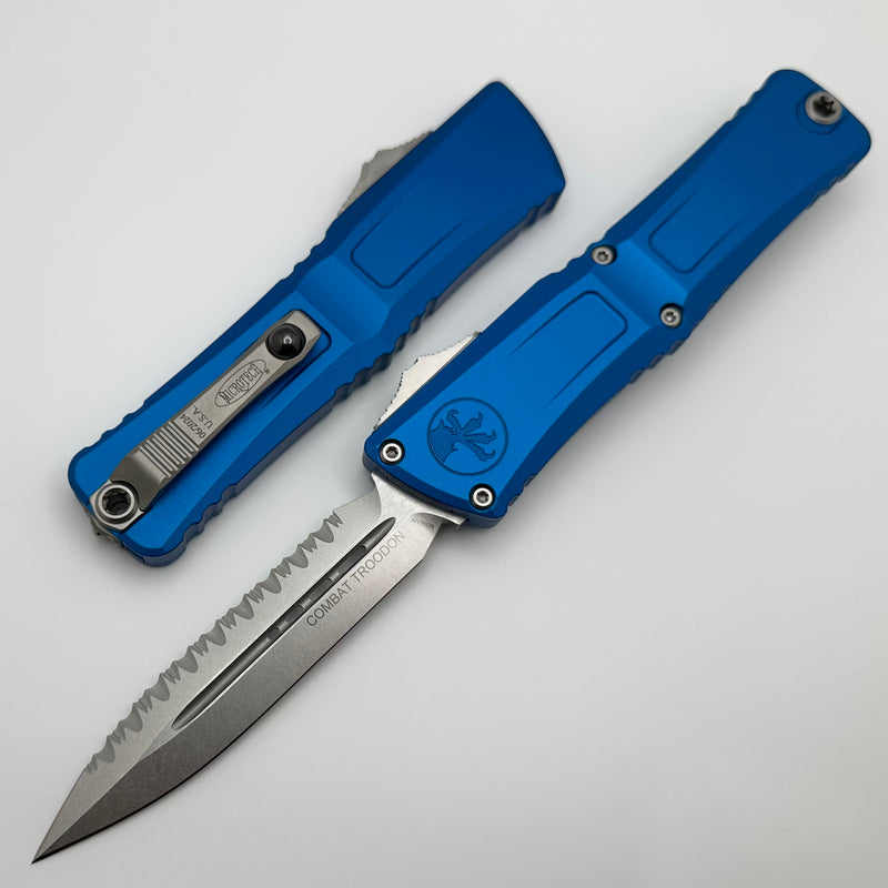 Microtech Knives Combat Troodon Gen III Stonewash Full Serrated Double Edge w/ Blue Handle 1142-12BL