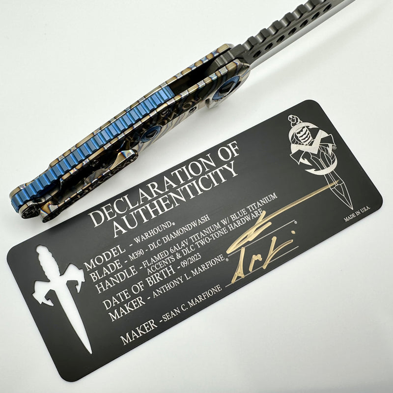 Marfione Custom Knives Warhound DLC Diamondwash Polish & Flamed Titanium Handles w/ Blue Titanium Accents & DLC Two Tone Hardware
