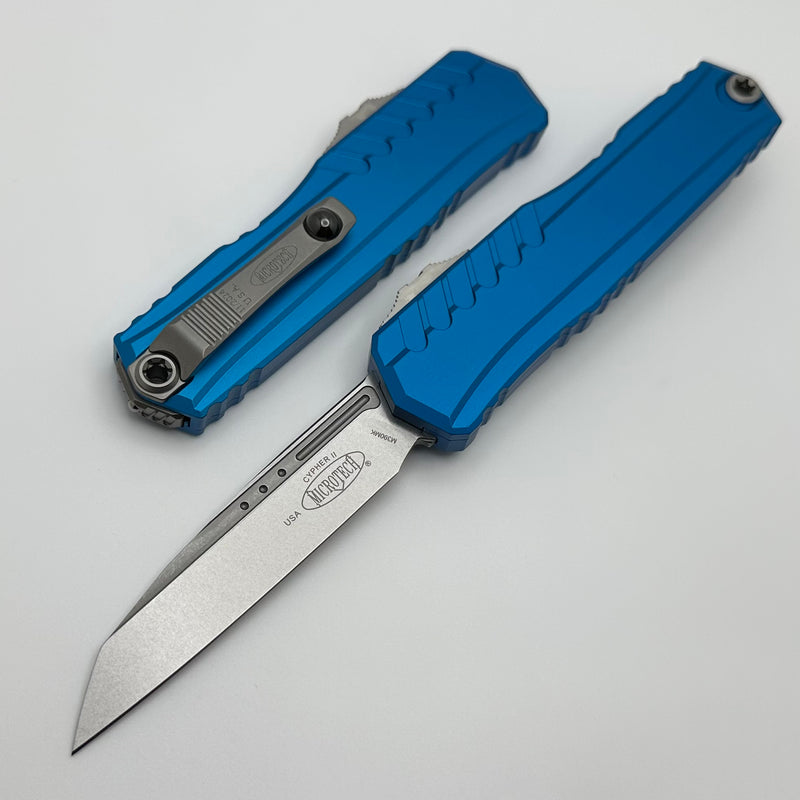 Microtech Cypher II S/E Stonewash Standard & Blue Handle 1241-10BL