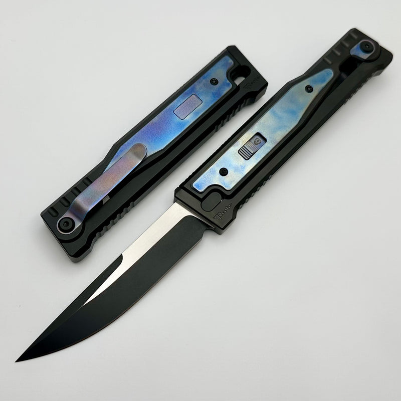 Reate EXO Exoskeleton Design V2 Flamed Titanium & Two Tone Black PVD Drop Point w/ Blue Accents