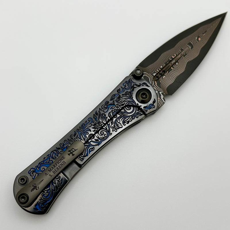 Borka Blades & Marfione Custom Knives SB Zulu w/ Ti2 Design Engraved Blue Floral Handles w/ Baker Forge San Mai