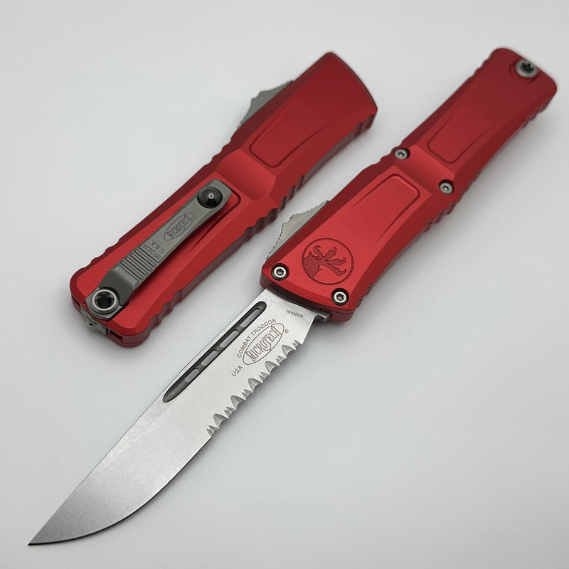 Microtech Knives Combat Troodon Gen III Stonewash Partial Serrated Single Edge w/ Red Handle 1143-11RD