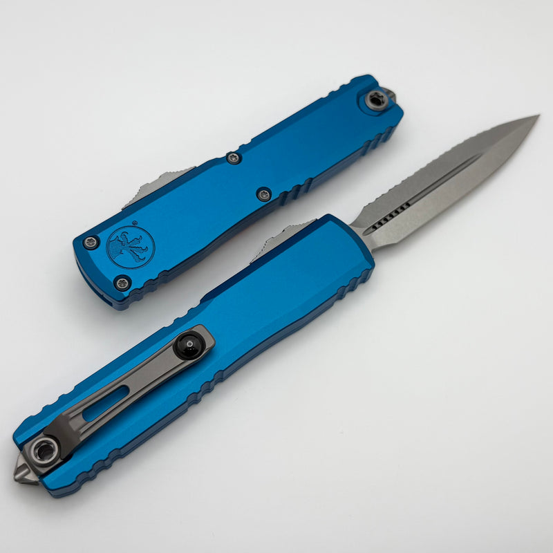 Microtech Ultratech Gen IV D/E Stonewash Full Serrated w/ Blue Handle 11224-12BL
