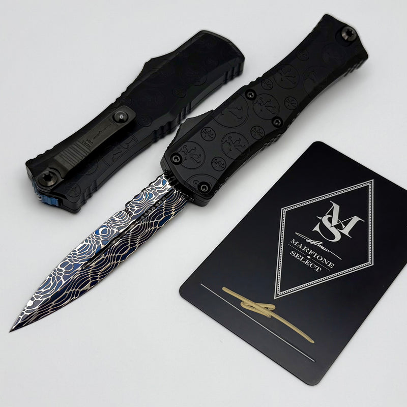 Microtech Knives Marfione Select Hera II Mini Blued Vegas Forge Damascus Bayonet w/ Black Claw Burst Deep Engraved Handle Signature Series 1701M-16MS2 Pattern Style 1