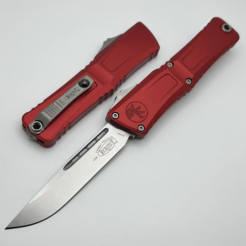 Microtech Knives Combat Troodon Gen III Stonewash Single Edge w/ Red Handle 1143-10RD