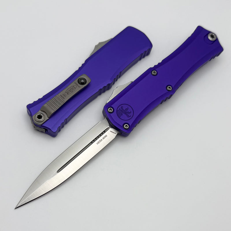 Microtech Knives Mini Hera Satin Double Edge M390MK w/ Purple Handle 1702M-4PU