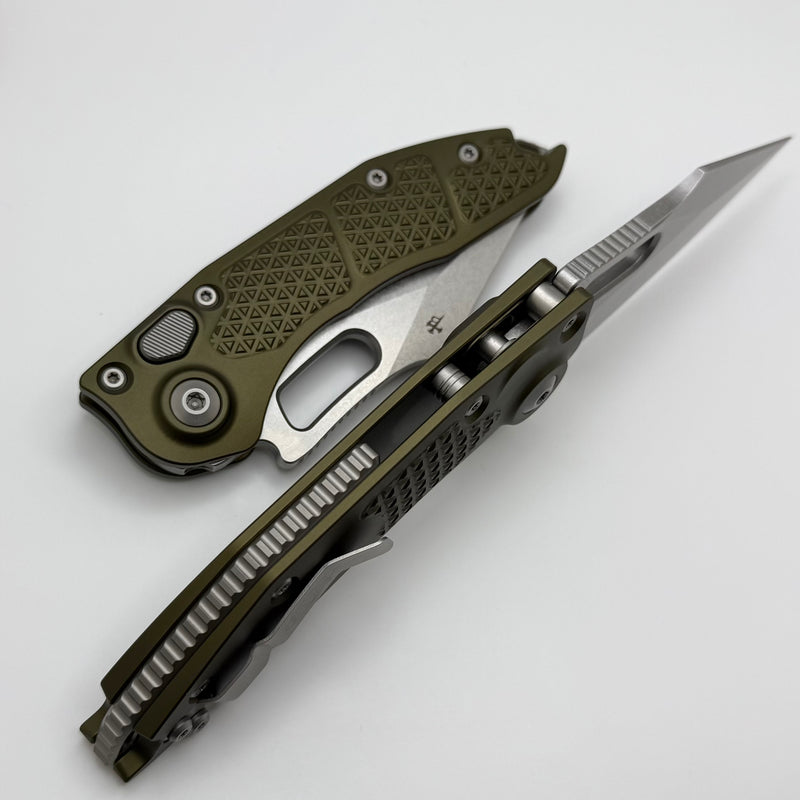 Microtech Borka Stitch Auto w/ OD Green Handles & Full Serrated Stonewash 169-12OD