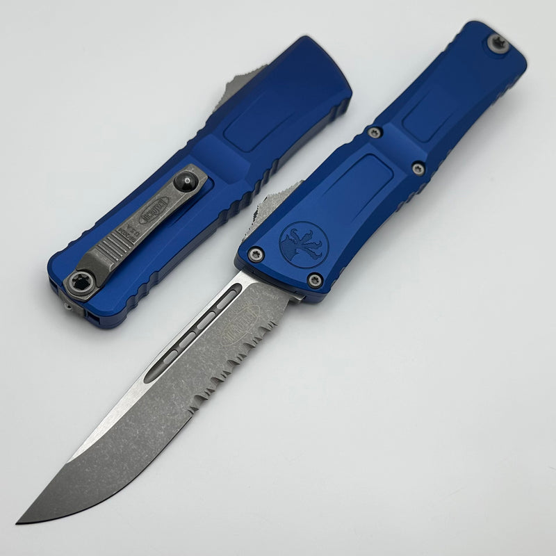 Microtech Knives Combat Troodon Gen III Apocalyptic S/E Partial Serrated w/ Navy Blue Handle 1143-11APNA